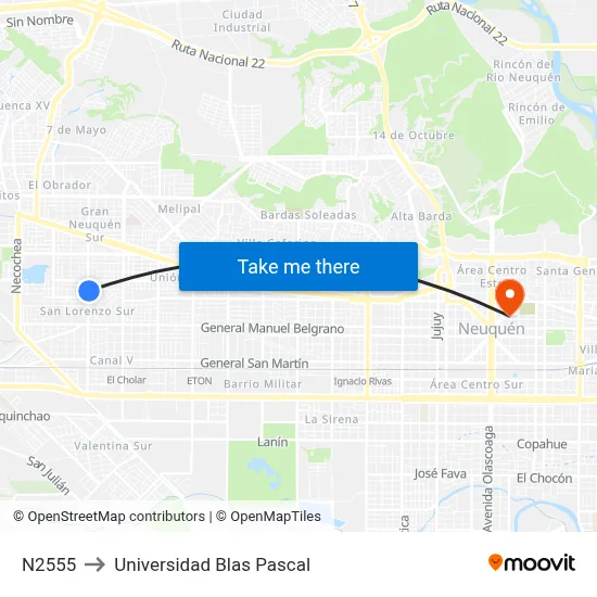 N2555 to Universidad Blas Pascal map
