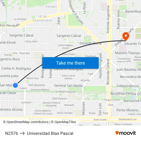 N2576 to Universidad Blas Pascal map