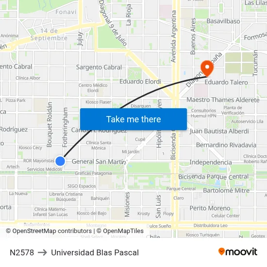 N2578 to Universidad Blas Pascal map