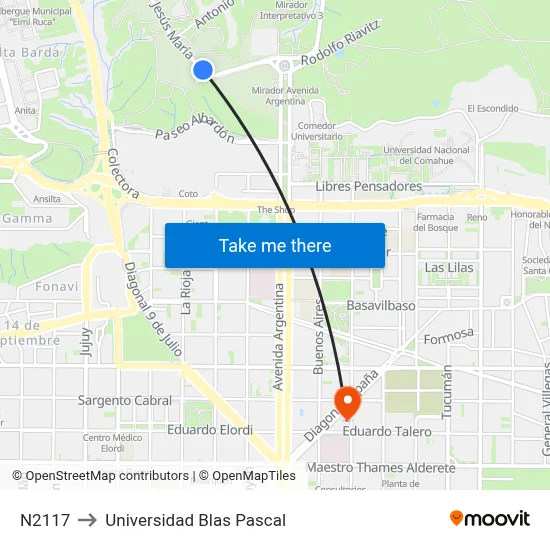 N2117 to Universidad Blas Pascal map