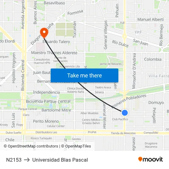 N2153 to Universidad Blas Pascal map