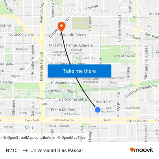 N2151 to Universidad Blas Pascal map