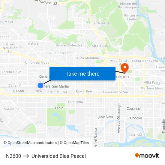 N2600 to Universidad Blas Pascal map