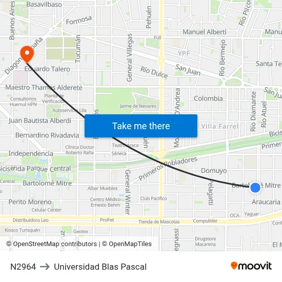 N2964 to Universidad Blas Pascal map