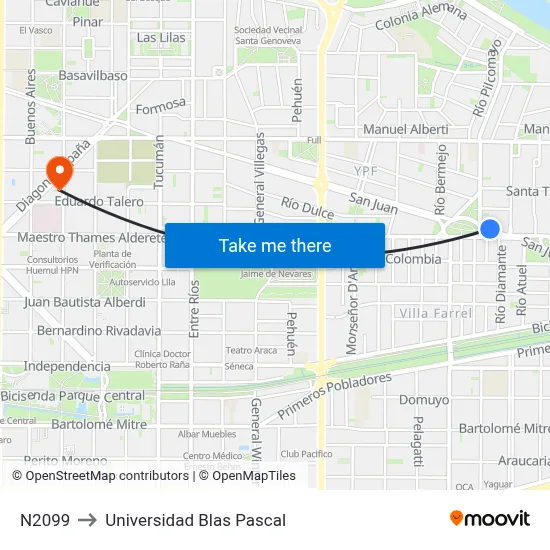 N2099 to Universidad Blas Pascal map
