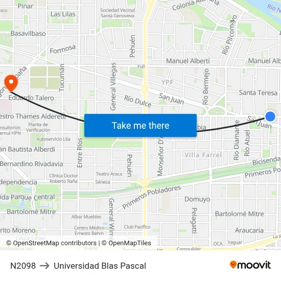 N2098 to Universidad Blas Pascal map