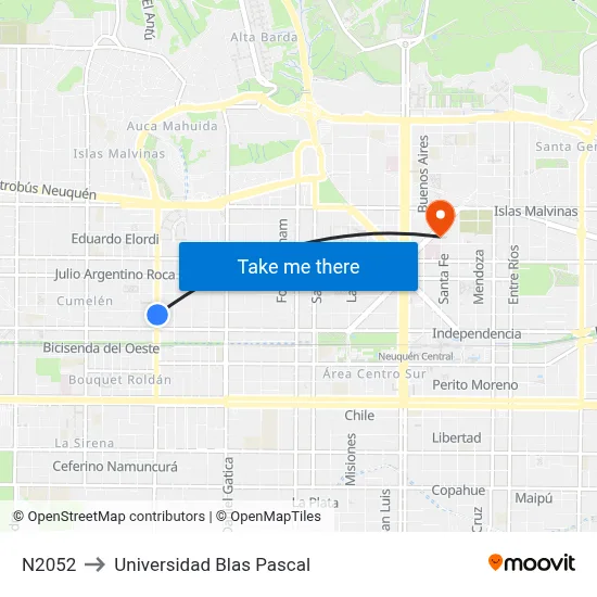 N2052 to Universidad Blas Pascal map