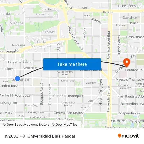 N2033 to Universidad Blas Pascal map