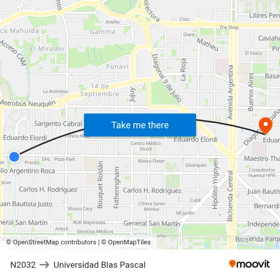 N2032 to Universidad Blas Pascal map