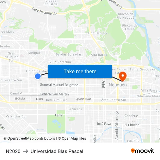 N2020 to Universidad Blas Pascal map