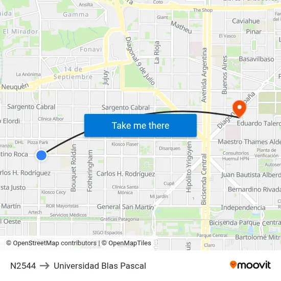 N2544 to Universidad Blas Pascal map