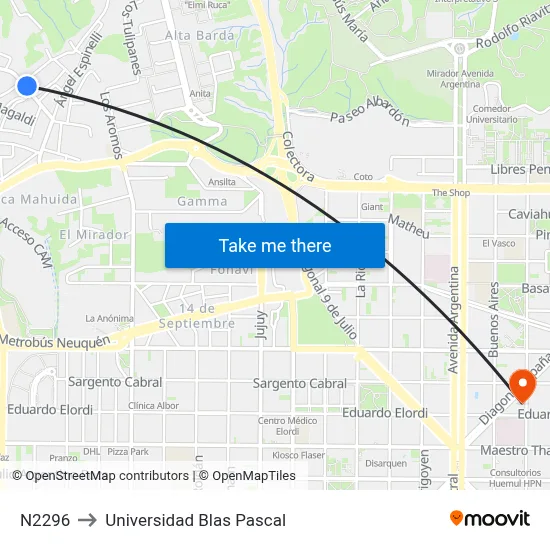N2296 to Universidad Blas Pascal map