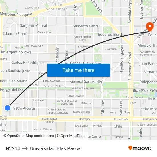 N2214 to Universidad Blas Pascal map