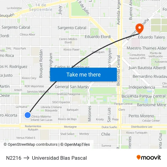 N2216 to Universidad Blas Pascal map