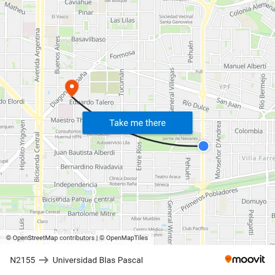N2155 to Universidad Blas Pascal map