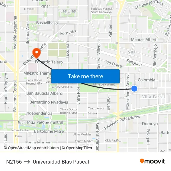 N2156 to Universidad Blas Pascal map