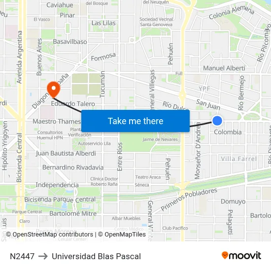 N2447 to Universidad Blas Pascal map