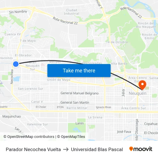 Parador Necochea Vuelta to Universidad Blas Pascal map