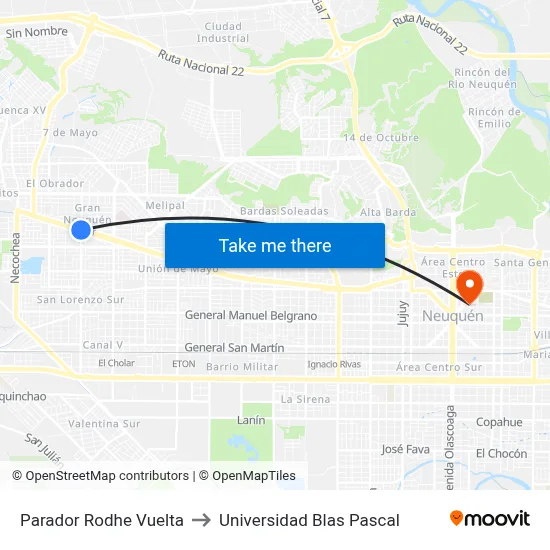 Parador Rodhe Vuelta to Universidad Blas Pascal map