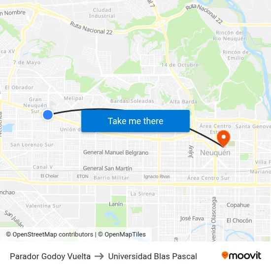 Parador Godoy Vuelta to Universidad Blas Pascal map