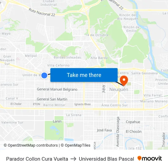 Parador Collon Cura Vuelta to Universidad Blas Pascal map