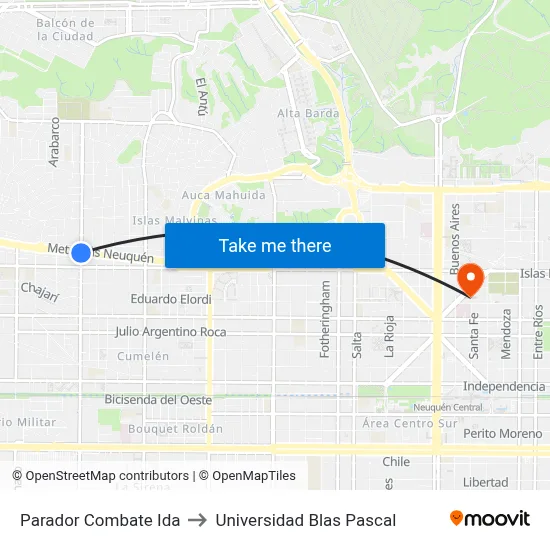 Parador Combate Ida to Universidad Blas Pascal map