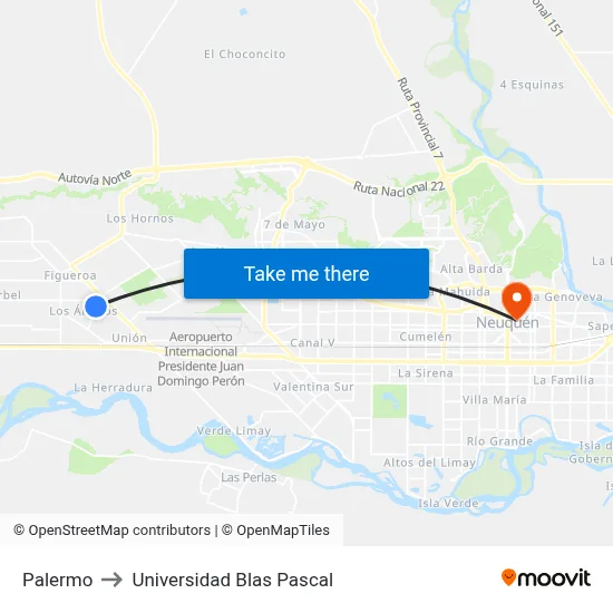 Palermo to Universidad Blas Pascal map