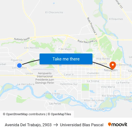 Avenida Del Trabajo, 2903 to Universidad Blas Pascal map