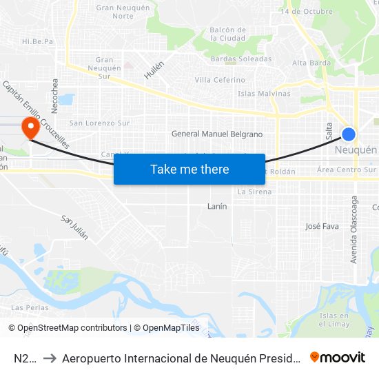 N2037 to Aeropuerto Internacional de Neuquén Presidente Juan Domingo Perón map