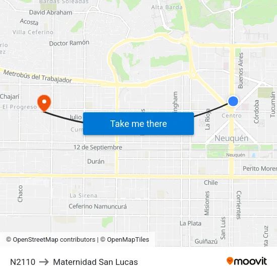 N2110 to Maternidad San Lucas map
