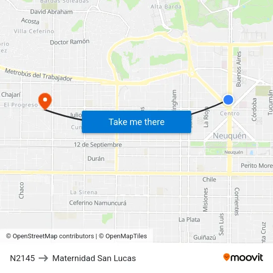 N2145 to Maternidad San Lucas map