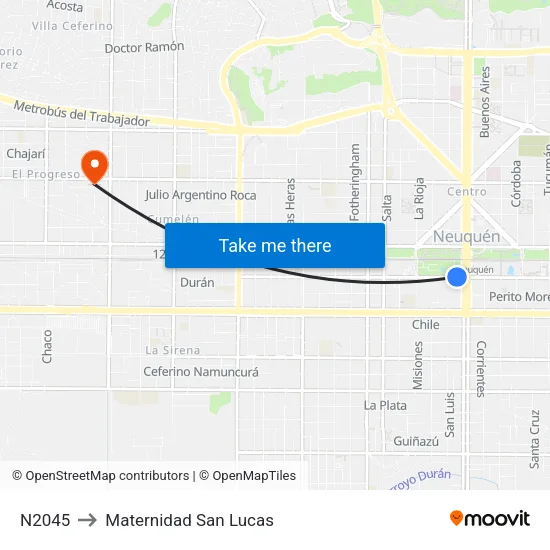 N2045 to Maternidad San Lucas map