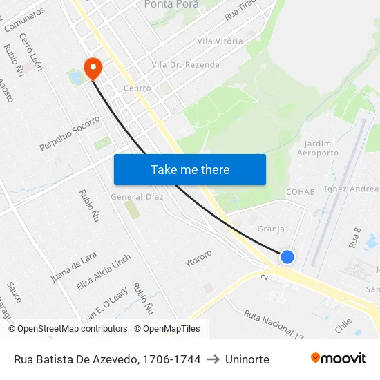 Rua Batista De Azevedo, 1706-1744 to Uninorte map