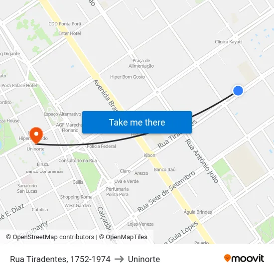 Rua Tiradentes, 1752-1974 to Uninorte map