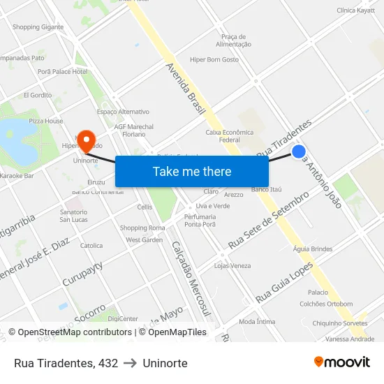 Rua Tiradentes, 432 to Uninorte map