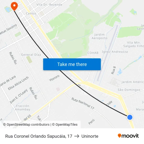 Rua Coronel Orlando Sapucáia, 17 to Uninorte map