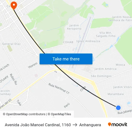 Avenida João Manoel Cardinal, 1160 to Anhanguera map