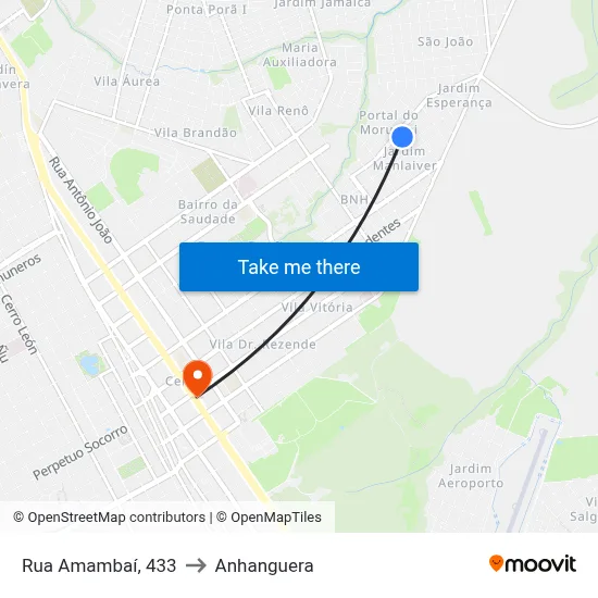 Rua Amambaí, 433 to Anhanguera map
