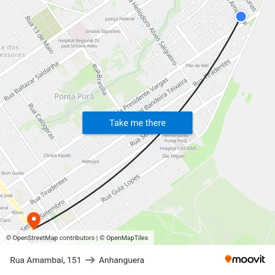 Rua Amambaí, 151 to Anhanguera map