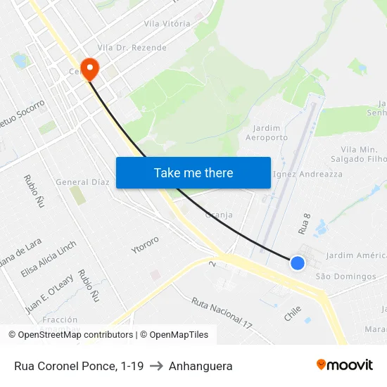 Rua Coronel Ponce, 1-19 to Anhanguera map