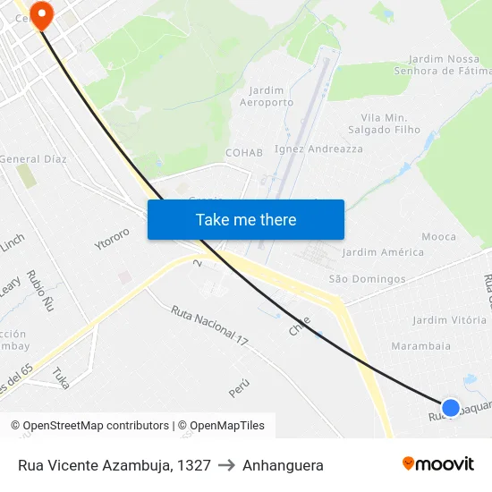 Rua Vicente Azambuja, 1327 to Anhanguera map