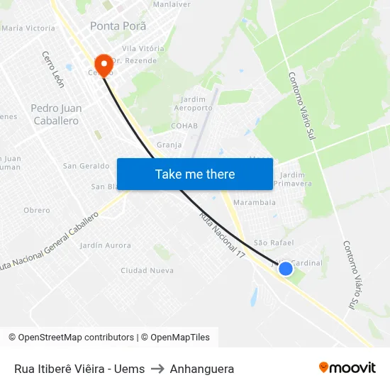 Rua Itiberê Viêira - Uems to Anhanguera map