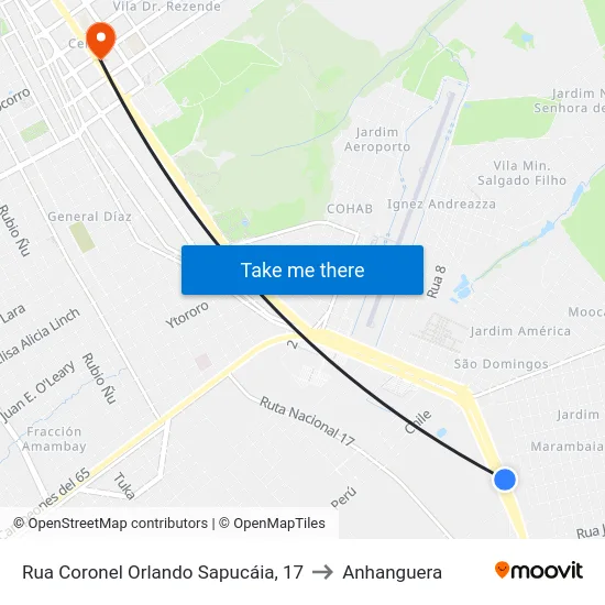 Rua Coronel Orlando Sapucáia, 17 to Anhanguera map
