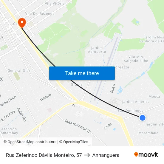 Rua Zeferindo Dávila Monteiro, 57 to Anhanguera map