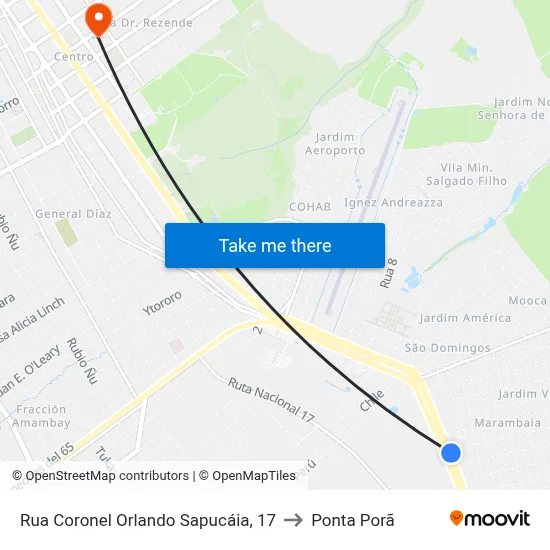 Rua Coronel Orlando Sapucáia, 17 to Ponta Porã map