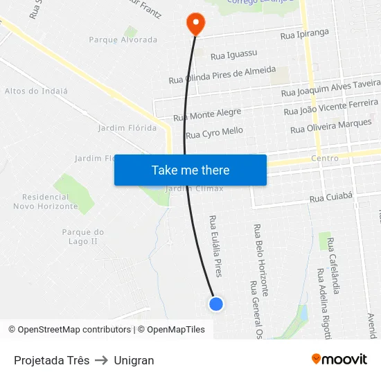 Projetada Três to Unigran map