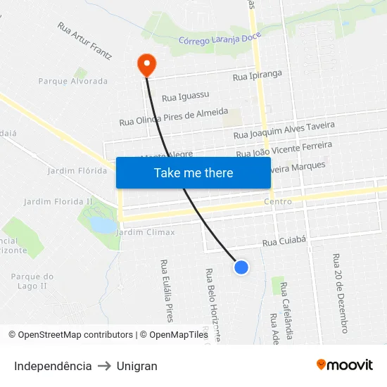 Independência to Unigran map