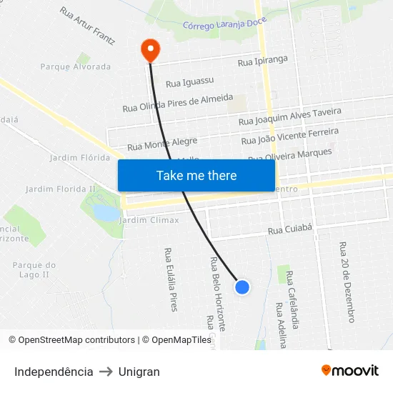 Independência to Unigran map