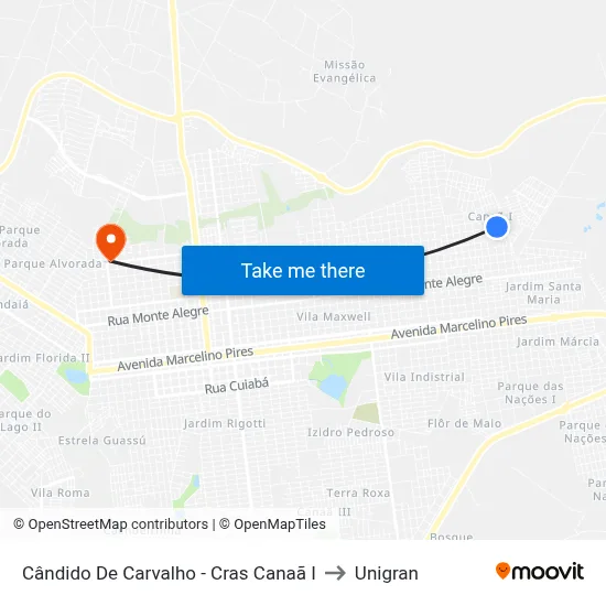 Cândido De Carvalho - Cras Canaã I to Unigran map