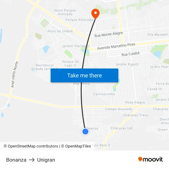 Bonanza to Unigran map